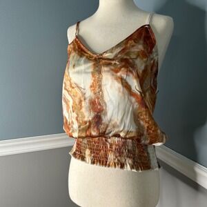 Willow + Root Womens Small Marble Print Smocked Hem Satin Camisole Top Brown